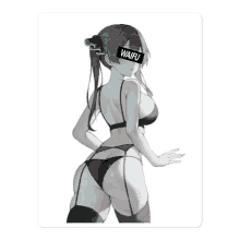 a black and white drawing of a girl in lingerie with waifu on her face