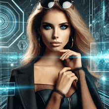 a woman wearing sunglasses and a black jacket stands in front of a futuristic background