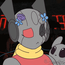 a drawing of a robot wearing headphones and flowers on its head