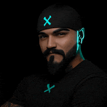 a man with a beard wearing a black shirt and a beanie with a blue x on it