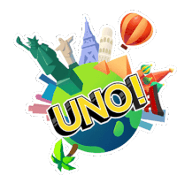 a sticker of a globe with a hot air balloon and the word uno on it