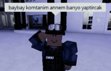 a roblox character wearing a swat uniform salutes in front of a building