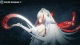a gacha universe advertisement shows a girl with white hair