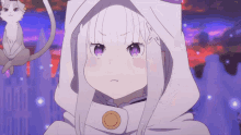 a girl with purple eyes is wearing a white hood