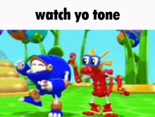 two cartoon characters are dancing in a field with the words `` watch yo tone '' above them .