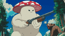 a cartoon drawing of a mushroom holding a gun next to a bear