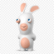 a white cartoon rabbit with blue eyes and a brown belly