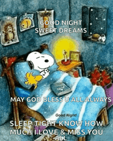 a cartoon of snoopy and woodstock sleeping in a bed with the words good night sweet dreams