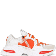 a pair of white sneakers with orange laces and a tag that says " made in italy " on it