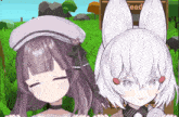 two anime girls are standing next to each other in a field with a sign that says feed