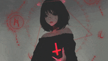 a girl with glasses holds a red cross in front of a pentagram