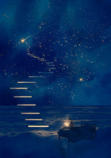 a person sitting on a bed under a starry night sky with stairs leading up to them