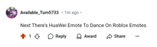 a facebook post that says next there 's huawei emote to dance on roblox emotes ..