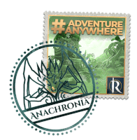 a stamp that says anachronia on it next to a poster that says adventure anywhere