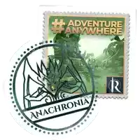 a stamp that says anachronia on it next to a poster that says adventure anywhere