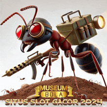 an ant with a gun and a box on its back with the words museum bola situs slot gacor 2021