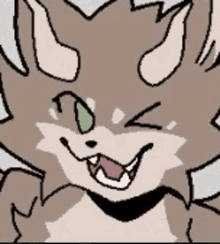 a cartoon of a cat with horns and green eyes smiling .