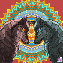 a coloring page of two wolves with a mandala background