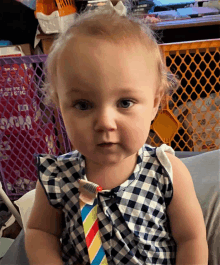 a baby wearing a blue and white plaid dress and a rainbow tie looks at the camera