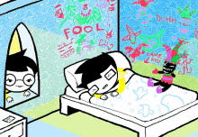 a cartoon of a girl sleeping in a bed with the word fool written on the wall behind her