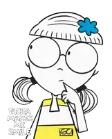 a drawing of a girl with glasses and a flower in her hair with the words flora makes me smile below her
