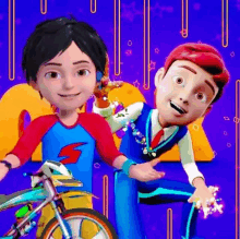 two cartoon boys are standing next to each other on a purple background .