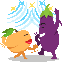 a cartoon illustration of a peach and eggplant dancing