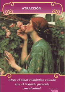 a painting of a woman smelling a rose with the words atraccion in the corner