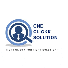 a logo for one clickk solution with a magnifying glass and a man in a suit and tie .