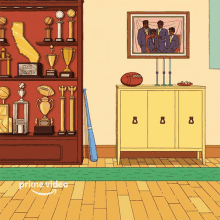 a cartoon drawing of a room with trophies and a picture of a family with the words prime video on the bottom