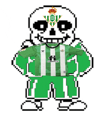 a pixel art of a skeleton wearing a green and white shirt