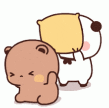 two cartoon bears are standing next to each other and one bear is holding a yellow pillow .