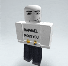 a roblox character has a shirt that says raphael mogs you on it