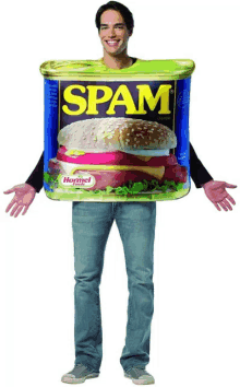 a man dressed as a can of spam with a hamburger on it