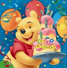 winnie the pooh is holding a birthday cake with candles and balloons in the background .