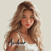 a woman with long blonde hair has the name amber written on her shoulder