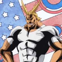 all might from my hero academia stands in front of an american flag background