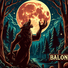 an illustration of a werewolf howling in front of a full moon