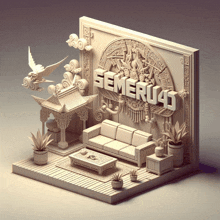 a 3d model of a living room with the word semeru43 on the wall