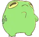 a green frog with yellow eyes is looking down .