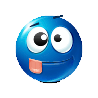 a blue smiley face with big eyes sticking its tongue out