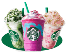 three different flavors of starbucks drinks are displayed