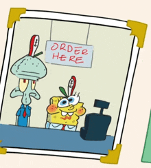 a cartoon of spongebob and squidward standing in front of a sign that says order here