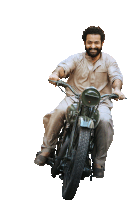 a man with a beard rides a motorcycle on a white background