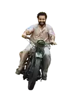 a man with a beard rides a motorcycle on a white background