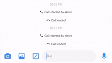 a phone screen shows a call started by astro at 10:01 pm