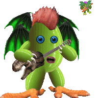 a green monster with wings is holding a guitar