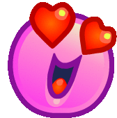 a pink and purple circle with two red hearts in it 's eyes