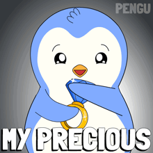 a penguin is holding a diamond in its mouth and the words my precious are below it