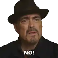 a man with a beard wearing a black hat says no